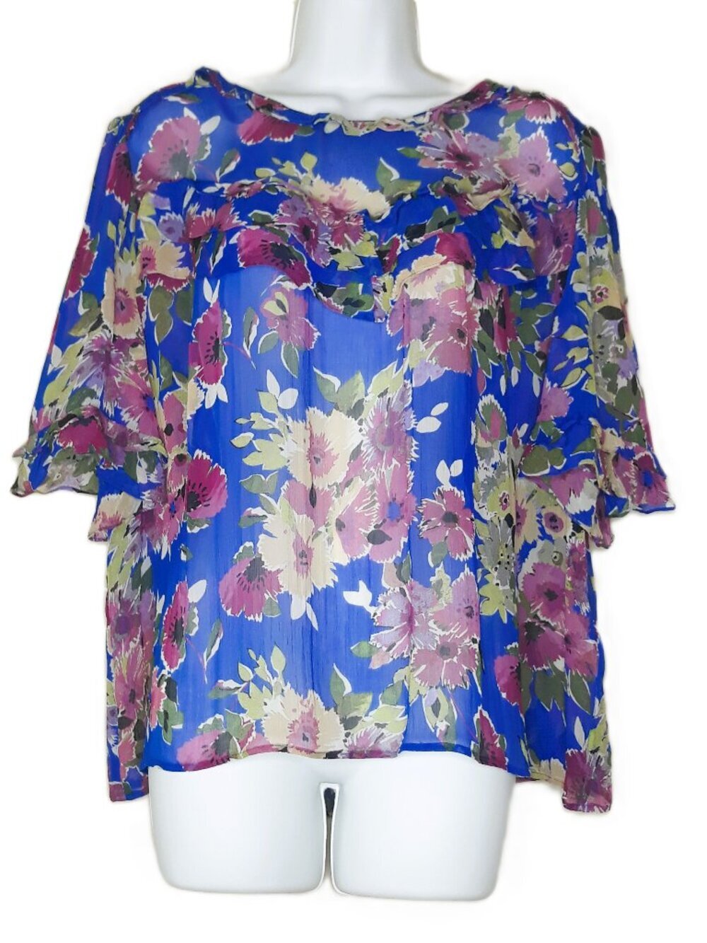 Sezane Boho Floral Blouse Ruffles Crinklee Semi-Sheer Lightweight Coquette